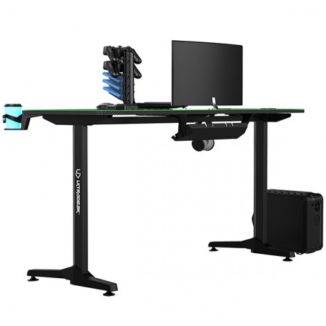 ULTRADESK Biurko dla gracza FRAG - GREEN V3, 140x60 cm, 76 cm, z podkładką pod mysz, uchwyt na słuchawki i napój