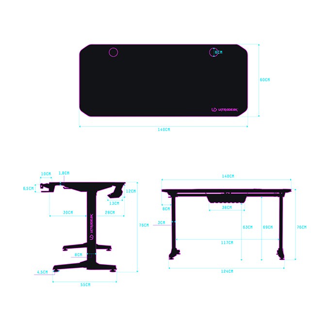 ULTRADESK Biurko dla gracza FRAG - GREEN V3, 140x60 cm, 76 cm, z podkładką pod mysz, uchwyt na słuchawki i napój