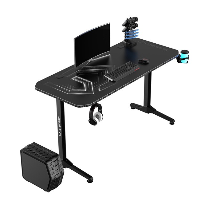 ULTRADESK Biurko dla gracza FRAG - WHITE V3, 140x60 cm, 76 cm, z podkładką pod mysz, uchwyt na słuchawki i napój