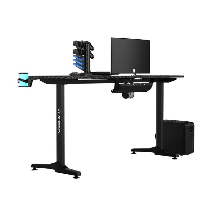ULTRADESK Biurko dla gracza FRAG - WHITE V3, 140x60 cm, 76 cm, z podkładką pod mysz, uchwyt na słuchawki i napój
