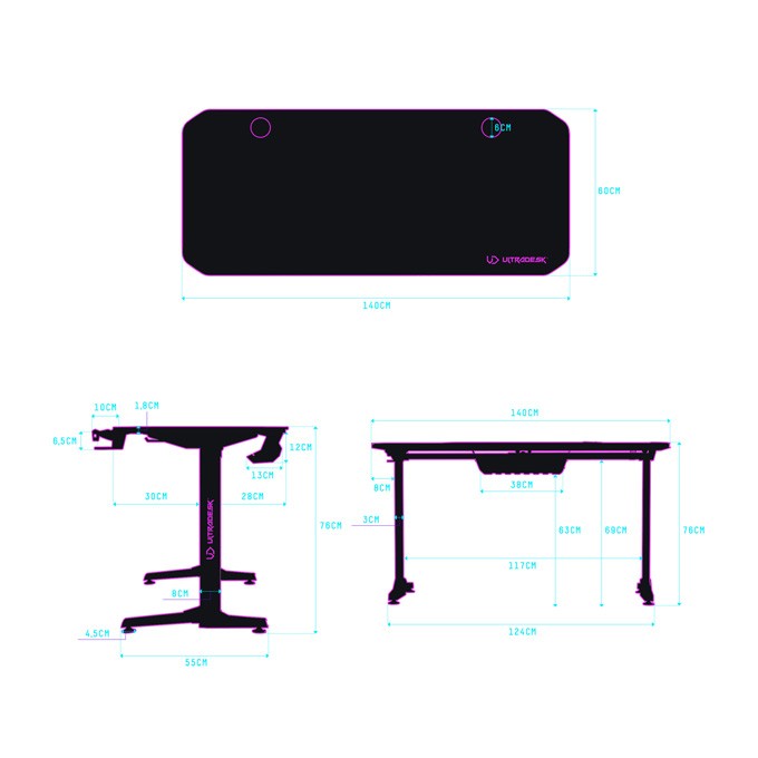 ULTRADESK Biurko dla gracza FRAG - WHITE V3, 140x60 cm, 76 cm, z podkładką pod mysz, uchwyt na słuchawki i napój
