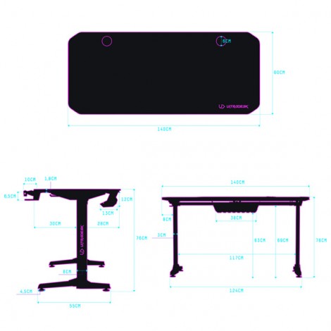 ULTRADESK Biurko dla gracza FRAG - WHITE V3, 140x60 cm, 76 cm, z podkładką pod mysz, uchwyt na słuchawki i napój