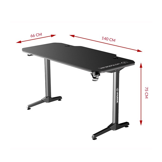 ULTRADESK Biurko dla gracza FRAG - WHITE V3, 140x60 cm, 76 cm, z podkładką pod mysz, uchwyt na słuchawki i napój