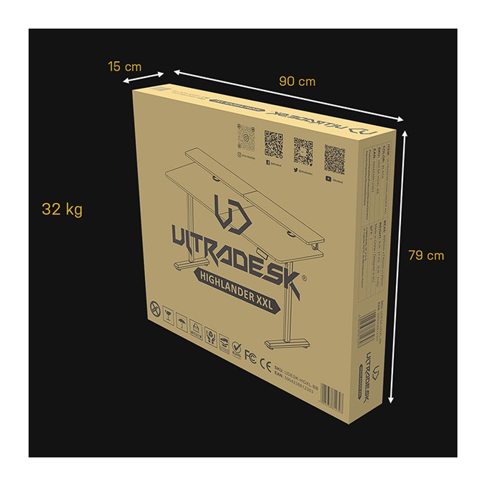 Biurko, elektycznie regulowany, 160X70 cm, 72-117 cm, HIGHLANDER XXL BLACK, czarny, ULTRADESK