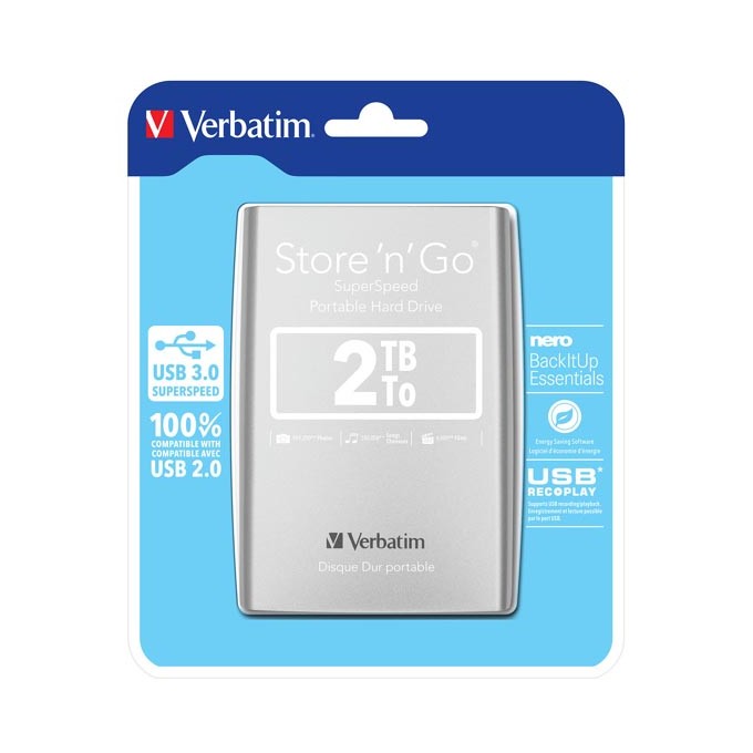 Verbatim zewnętrzny dysk twardy, Store N Go, 2.5", USB 3.0 (3.2 Gen 1), 2TB, 53189, srebrny