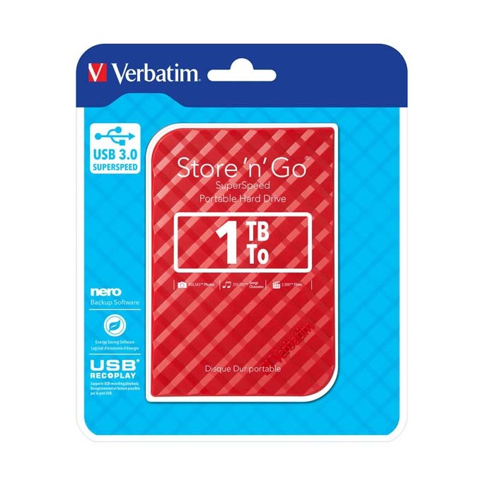 Verbatim zewnętrzny dysk twardy, Store N Go, 2.5", USB 3.0 (3.2 Gen 1), 1TB, 53203, czerwony