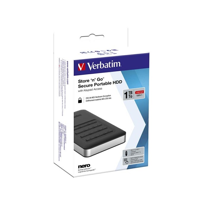 Verbatim zewnętrzny dysk twardy, Store N Go Secure Portable, 2.5", USB 3.0 (3.2 Gen 1), 1TB, 53401, czarny, szyfrowany, 