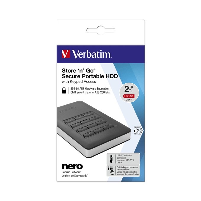 Verbatim zewnętrzny dysk twardy, Store N Go Secure Portable, 2.5", USB 3.0 (3.2 Gen 1), 2TB, 53403, czarny, szyfrowany, 
