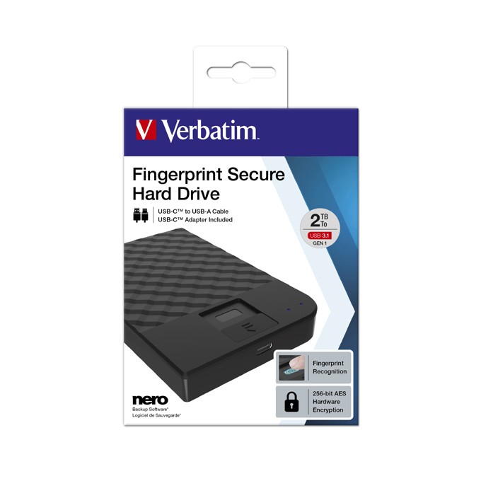 Verbatim zewnętrzny dysk twardy, Fingerprint Secure HDD, 2.5", USB 3.0 (3.2 Gen1), 2TB, 53651, czarny, 256-bit AES