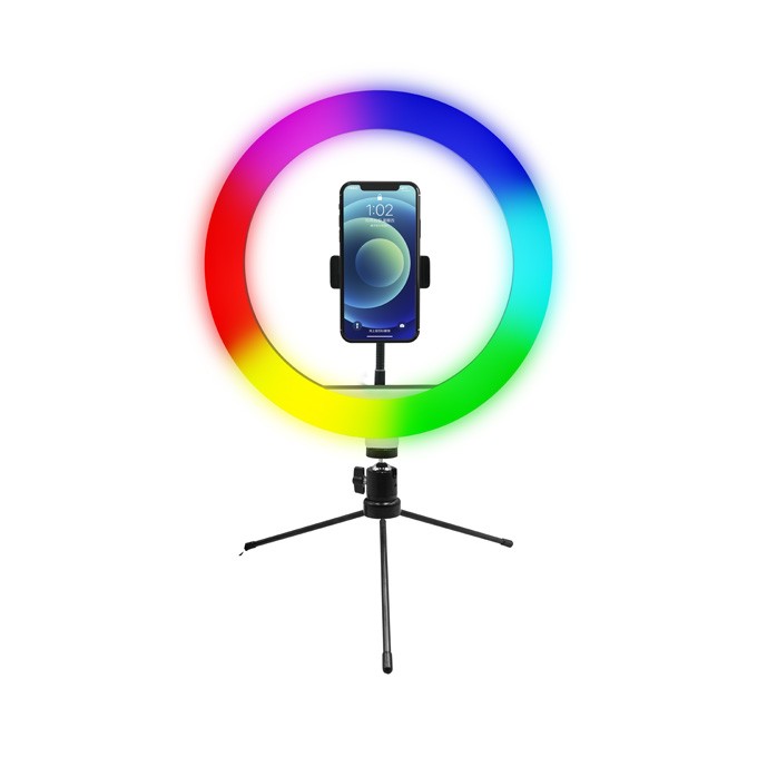 Powerton lampa pierścieniowa 10 ", RGB LED, niska, regulacja barwy i intensywności światła, uchwyt telefonu i tripod