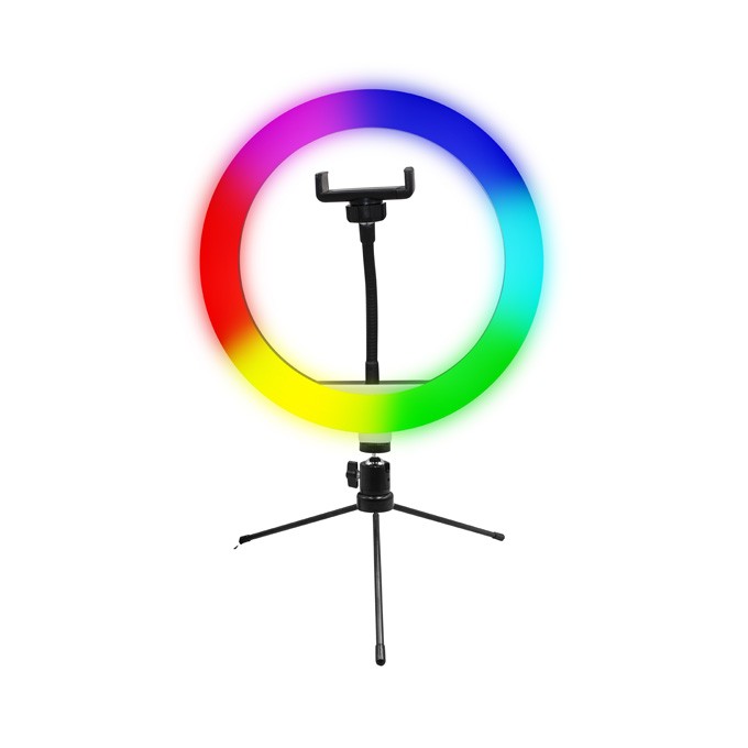 Powerton lampa pierścieniowa 10 ", RGB LED, niska, regulacja barwy i intensywności światła, uchwyt telefonu i tripod