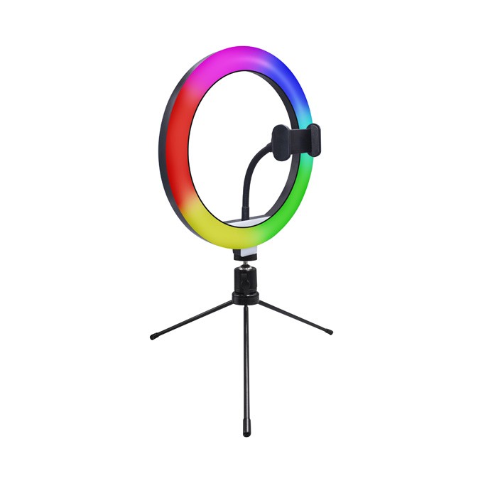 Powerton lampa pierścieniowa 10 ", RGB LED, niska, regulacja barwy i intensywności światła, uchwyt telefonu i tripod