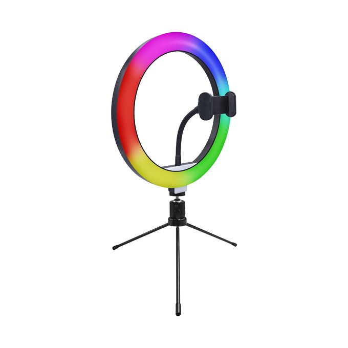 Powerton lampa pierścieniowa 10 ", RGB LED, niska, regulacja barwy i intensywności światła, uchwyt telefonu i tripod