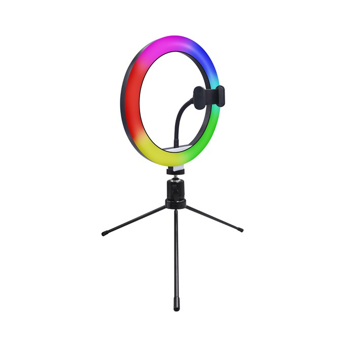 Powerton lampa pierścieniowa 10 ", RGB LED, niska, regulacja barwy i intensywności światła, uchwyt telefonu i tripod