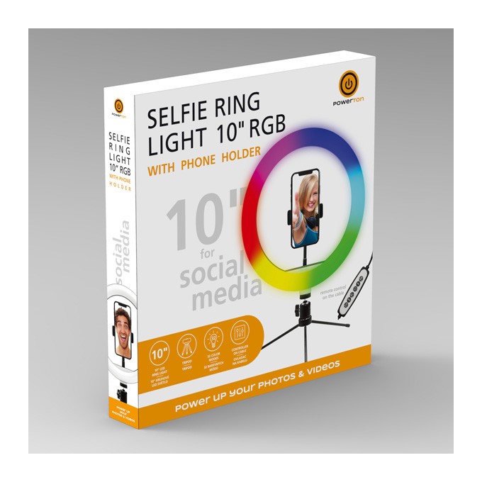 Powerton lampa pierścieniowa 10 ", RGB LED, niska, regulacja barwy i intensywności światła, uchwyt telefonu i tripod
