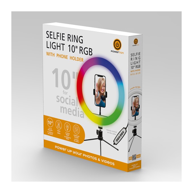 Powerton lampa pierścieniowa 10 ", RGB LED, niska, regulacja barwy i intensywności światła, uchwyt telefonu i tripod