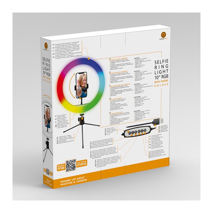 Powerton lampa pierścieniowa 10 ", RGB LED, niska, regulacja barwy i intensywności światła, uchwyt telefonu i tripod