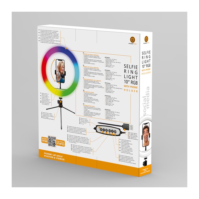 Powerton lampa pierścieniowa 10 ", RGB LED, niska, regulacja barwy i intensywności światła, uchwyt telefonu i tripod
