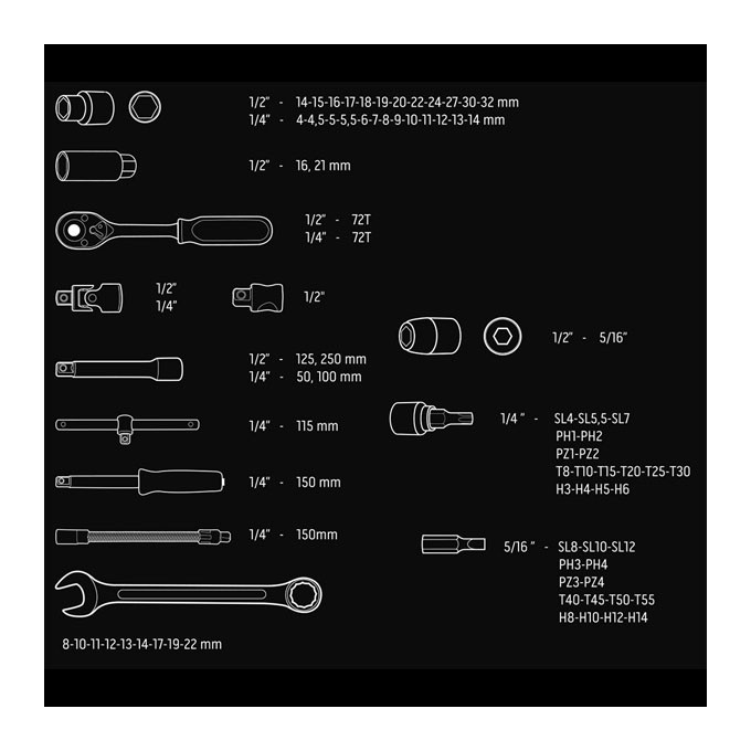 Zestaw kluczy nasadowych08-672, nasadki sześciokątne, klucze płaskie, bity,, ze stali chromowo-wanadowej, Neo Tools, 