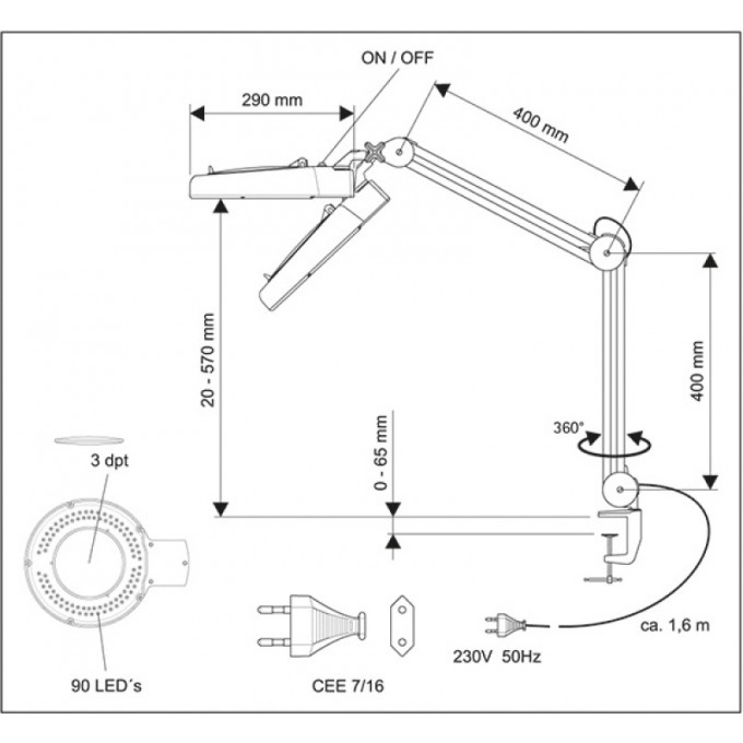 Lampka LED z lupą na biurko MAULviso, 6W, mocowana zaciskiem, czarna