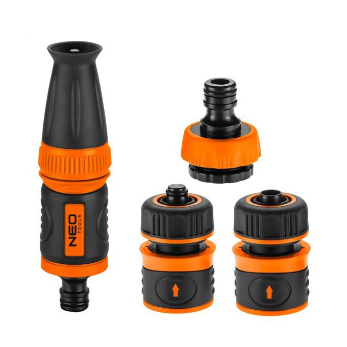 NEO TOOLS zestaw Zaszaczem prosty 1/2" z złączkami i przyłączem Przyłacze do kranu, 1/2", pomarańczowo-czarna, 