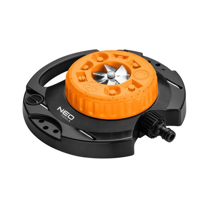 NEO TOOLS zraszacz obrotowy, 9 funkcji nawadnia powierzchnię od 35 do 95 m2, 1/2" i 3/4", pomarańczowo-czarny, 15-780