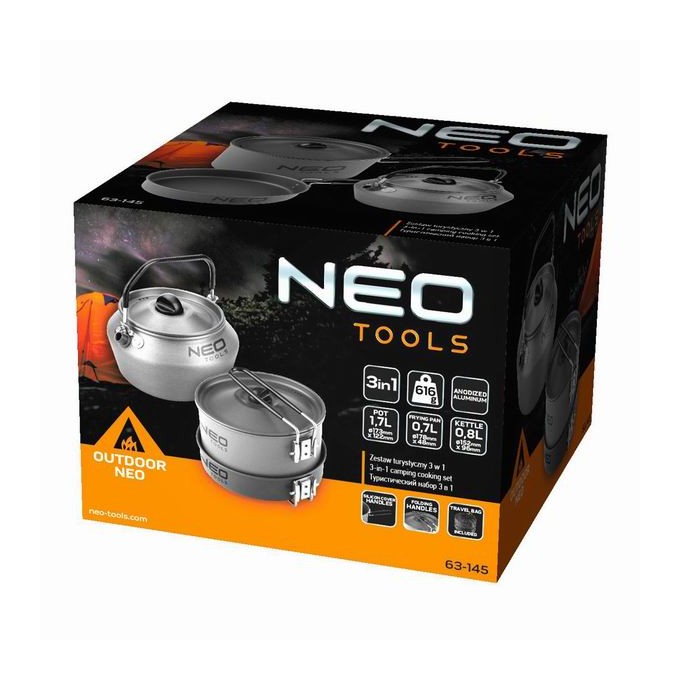 Naczynia turystyczne 3 w 1 szara, aluminium, 63-145, garnek, patelnia, czajnik, Neo Tools
