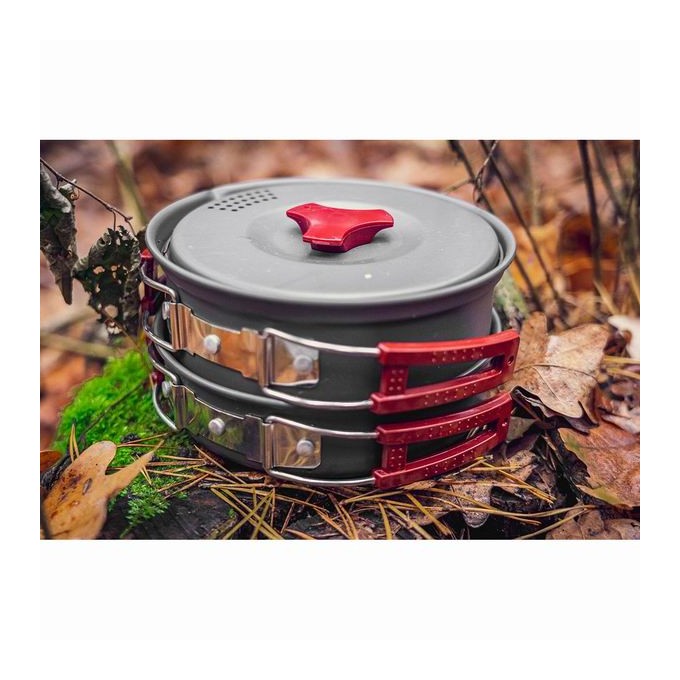 Naczynia turystyczne 7 w 1 Turystyka, szara, aluminium, garnek, patelnia, 2x talerze, chochla, łopatka,, Neo Tools