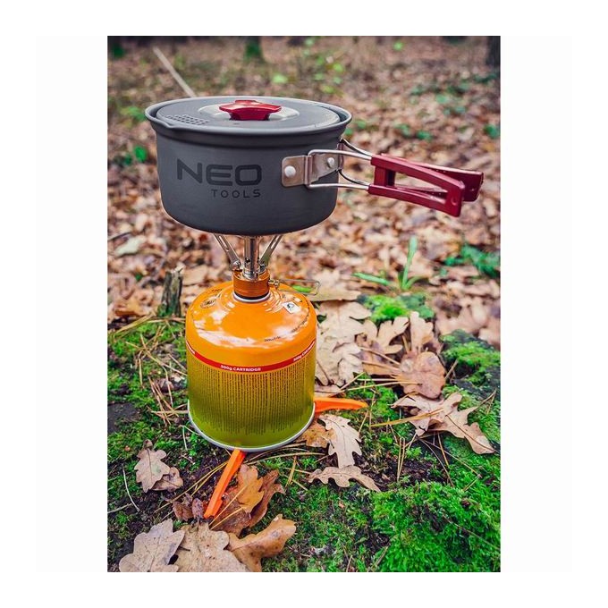 Naczynia turystyczne 7 w 1 Turystyka, szara, aluminium, garnek, patelnia, 2x talerze, chochla, łopatka,, Neo Tools