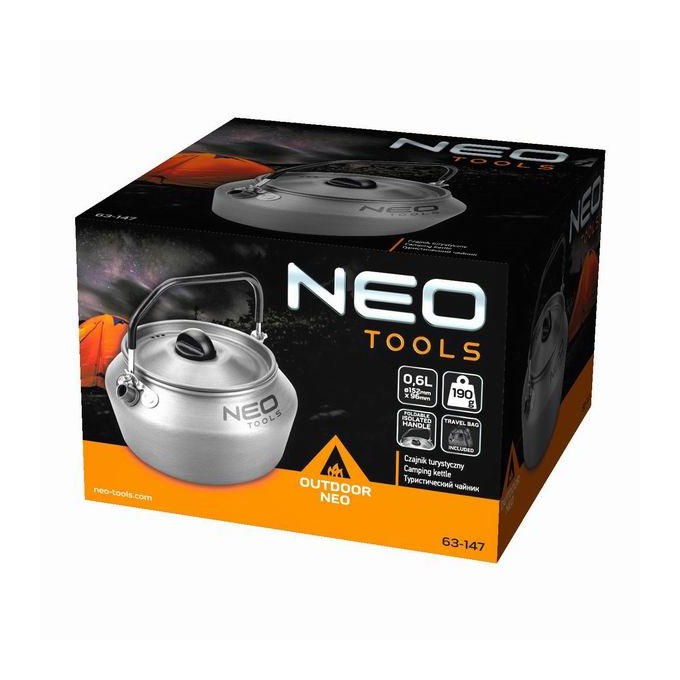Czajnik turystyczny szara, aluminium, stal nierdzewna, 0.8l, pokrywa, siatka do przenoszenia,, Neo Tools