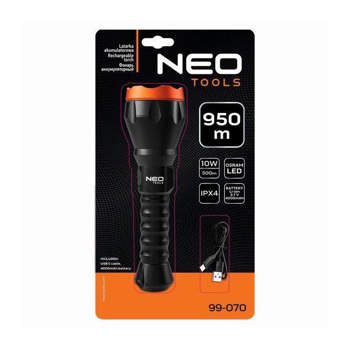 Latarka akumulatorowa, 1xLED, 1x4000 mAh, USB, 10W, 4 tryby świecenia