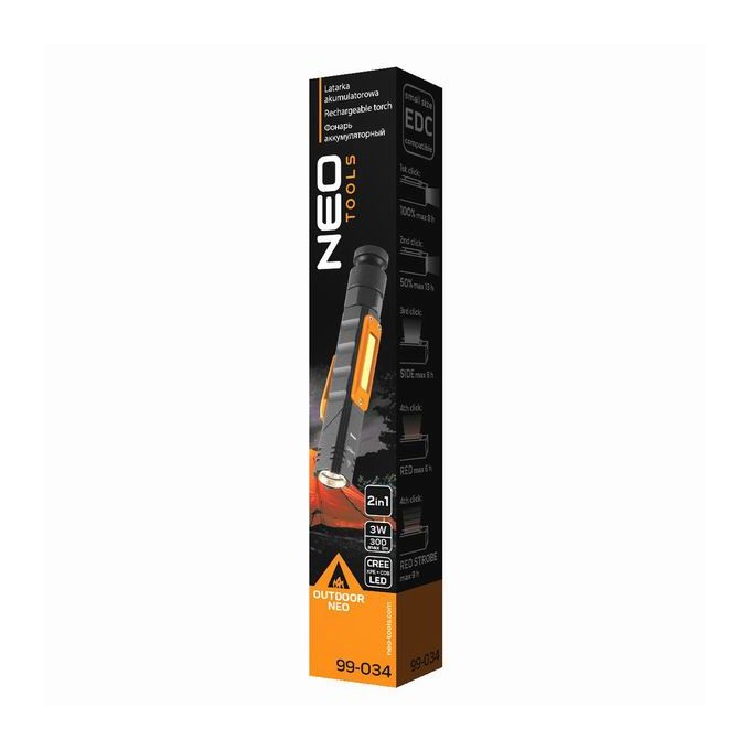 Latarka akumulatorowa, 1xLED, 1x2000 mAh, czarna, IP20, 5 funkcji, moc 3 W
