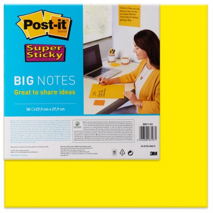 Karteczki samoprzylepne POST-IT® Super Sticky Big Notes (BN11 -EU), 280x280mm,1x30 kart., żółte