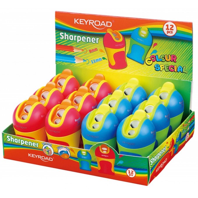 Temperówka KEYROAD Color Mate, plastikowa, podwójna, z pojemnikiem, ostrzenie zaokrąglone, pakowane na displayu, mix kolorów