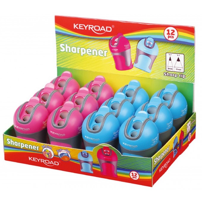 Temperówka KEYROAD Color Mate, plastikowa, podwójna, z pojemnikiem, ostrzenie w szpic, pakowane na displayu, mix kolorów