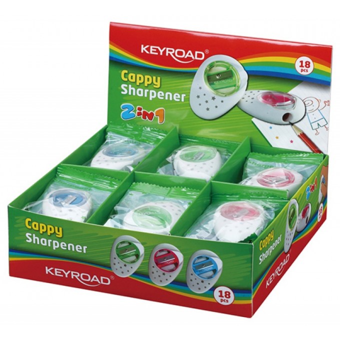 Temperówka KEYROAD Cappy, plastikowa, pojedyncza, z gumką, pakowane na displayu, mix kolorów