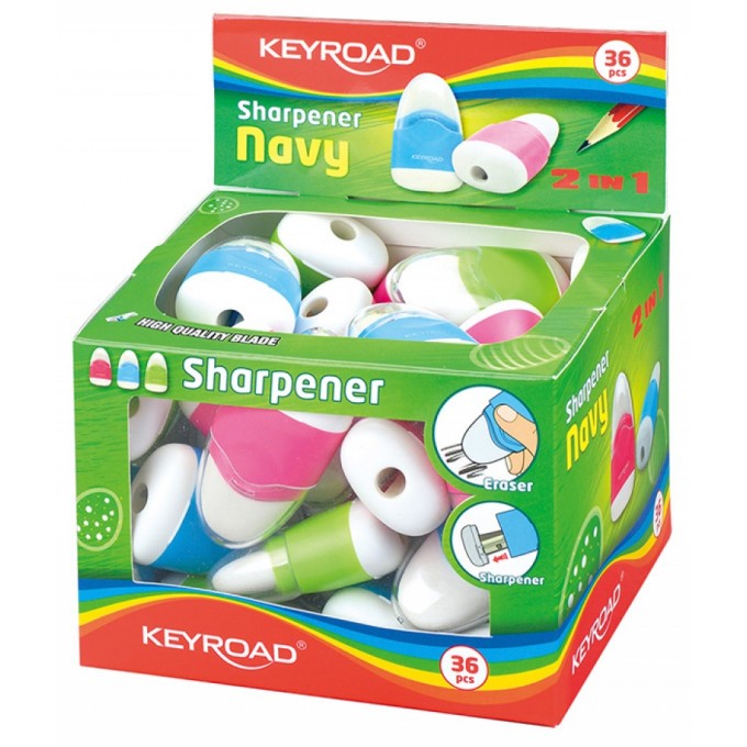 Temperówka KEYROAD Navy, plastikowa, pojedyncza, z gumką, pakowane na displayu, mix kolorów