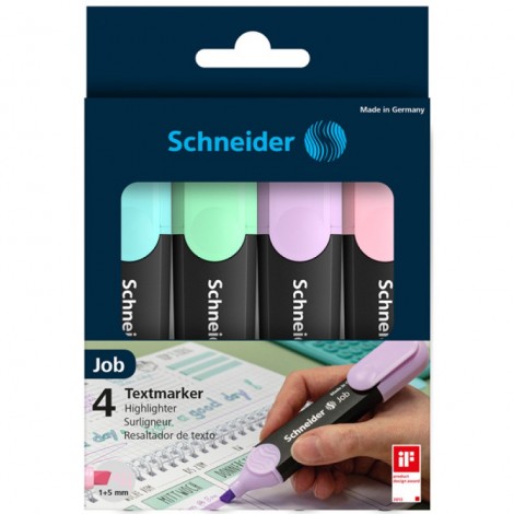 Zestaw zakreślaczy SCHNEIDER Job Pastel, 1-5 mm, 4 szt., pudełko z zawieszką, mix kolorów Zestaw zakreślaczy SCHNEIDER Job Pastel, 1-5 mm, 4 szt., pudełko z zawieszką, mix kolorów