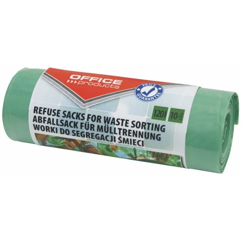 Worki na śmieci domowe OFFICE PRODUCTS, do segregacji szkła, mocne (LDPE), 120l, 10szt., zielone Worki na śmieci domowe OFFICE PRODUCTS, do segregacji szkła, mocne (LDPE), 120l, 10szt., zielone