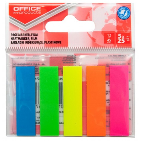Zakładki indeksujące OFFICE PRODUCTS, standard, PP, 12x45mm, 5x25 kart., zawieszka, mix kolorów
