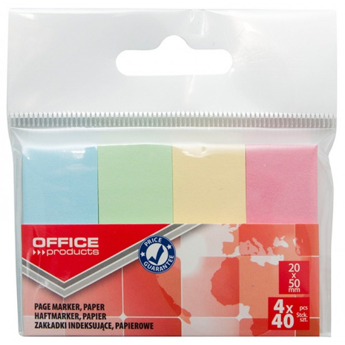 Zakładki indeksujące OFFICE PRODUCTS, papier, 20x50mm, 4x40 kart., zawieszka, mix kolorów pastel