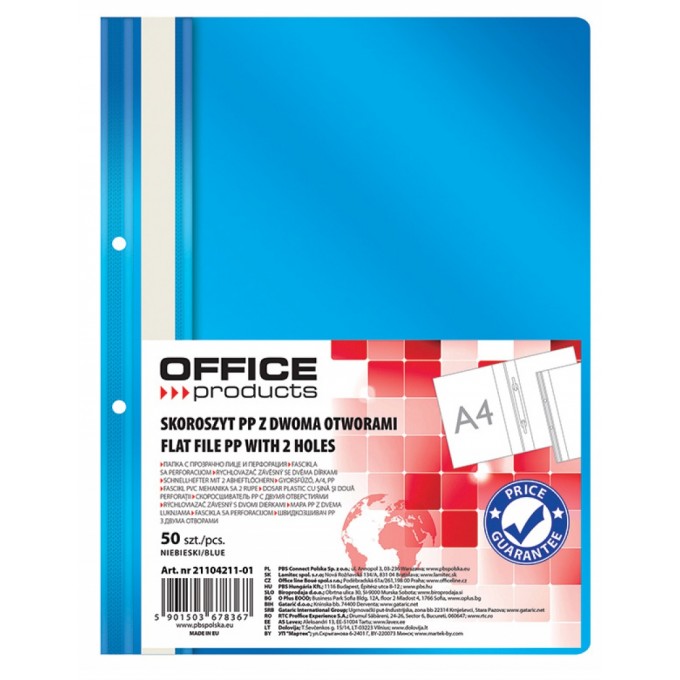 Skoroszyt OFFICE PRODUCTS, PP, A4, 2 otwory, 100/170mikr., wpinany, niebieski