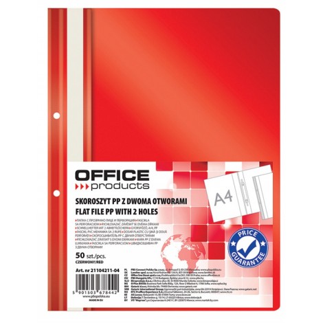 Skoroszyt OFFICE PRODUCTS, PP, A4, 2 otwory, 100/170mikr., wpinany, czerwony