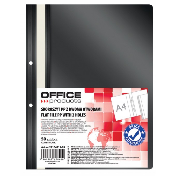 Skoroszyt OFFICE PRODUCTS, PP, A4, 2 otwory, 100/170mikr., wpinany, czarny