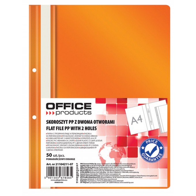 Skoroszyt OFFICE PRODUCTS, PP, A4, 2 otwory, 100/170mikr., wpinany, pomarańczowy