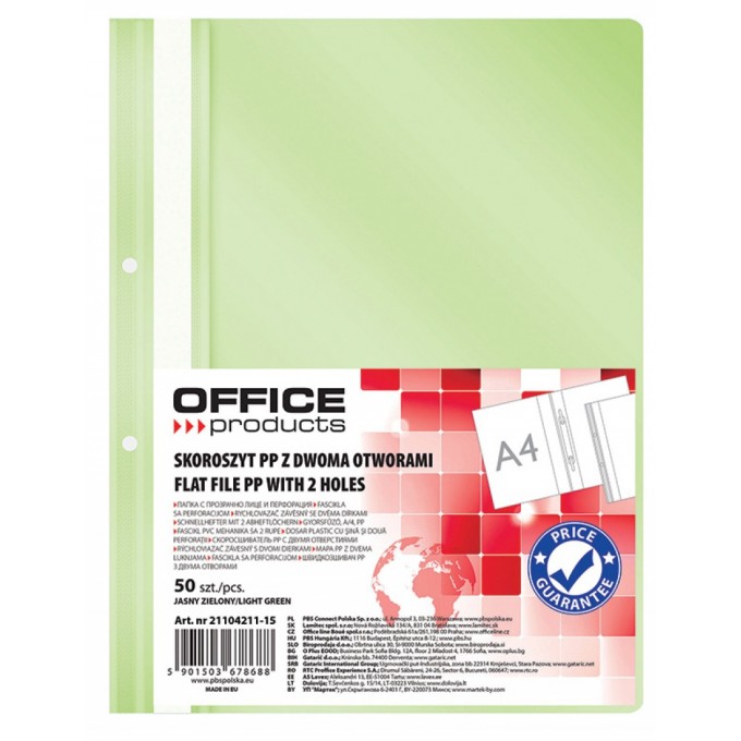 Skoroszyt OFFICE PRODUCTS, PP, A4, 2 otwory, 100/170mikr., wpinany, jasnozielony