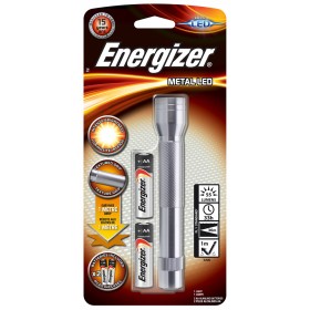 Latarka ENERGIZER Metal + 2szt. baterii AA, srebrna