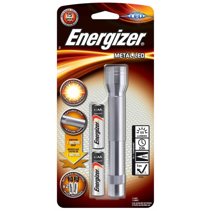 Latarka ENERGIZER Metal + 2szt. baterii AA, srebrna