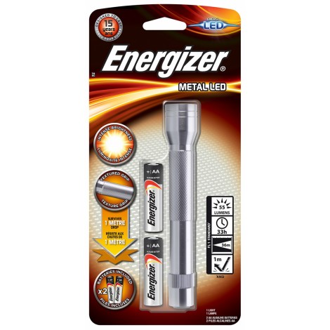 Latarka ENERGIZER Metal + 2szt. baterii AA, srebrna