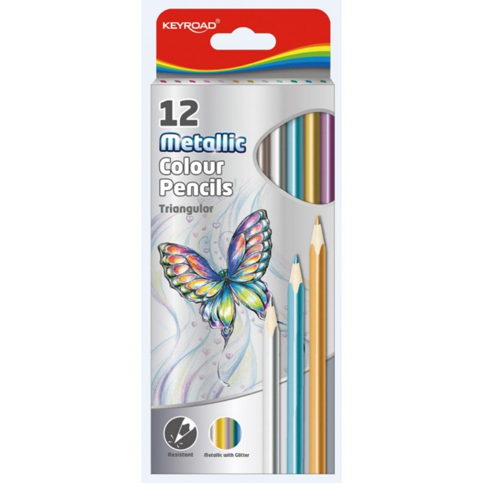 Kredki ołówkowe KEYROAD, trójkątne, metaliczne, 12szt., mix kolorów